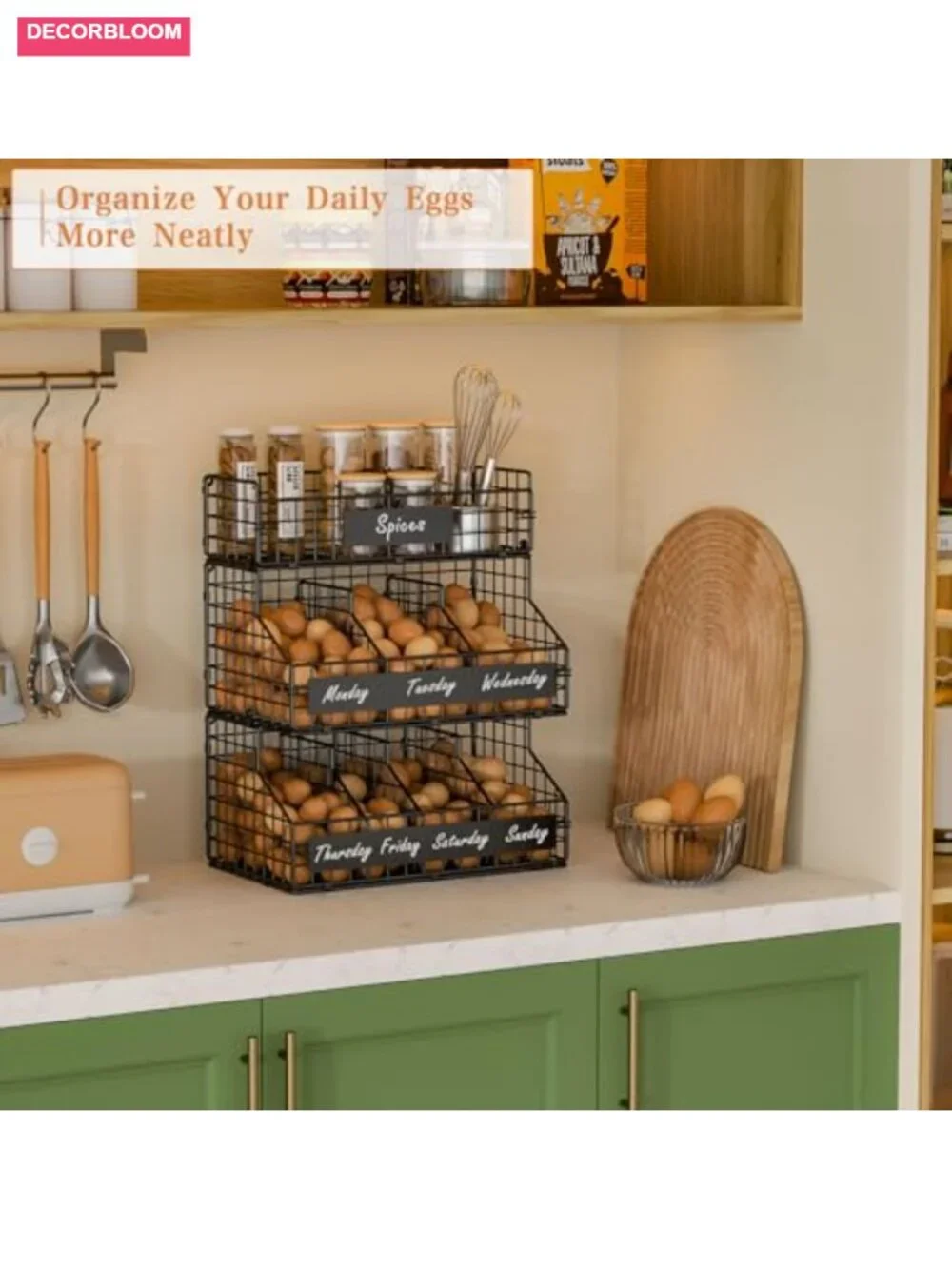 Egg Holder Countertop with 5 Dividers & DIY Nameplate, 3 Tier Stackable Wire